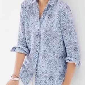 J. Jill Love Linen Sz L Essential Shirt Button Up Blue Purple Paisley Floral